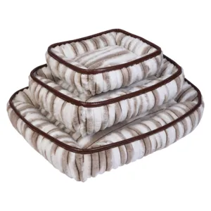 Detailed view of nested brown and white striped pet beds with soft plush and leather piping.