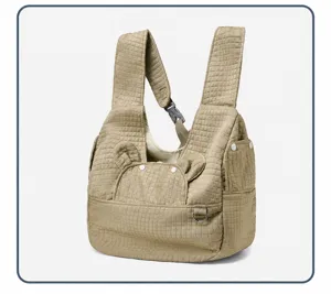 Khaki quilted pet carrier backpack with cute bear ears, breathable design for small dogs cats.