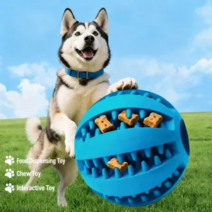 Close-up detail of the durable rubber dog treat ball toy with interactive chew textures for pets.
