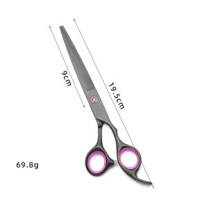 Professional black pet grooming scissors with pink rings, 19.5cm dog hair cutting shear.