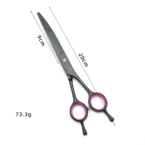 Professional pet grooming scissors detail view showing 20cm length, 9cm blade and weight.