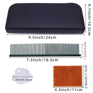 Professional pet grooming tool set including storage case, comb, and cleaning cloth with size.