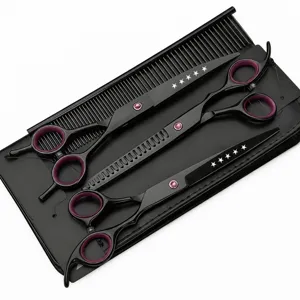Professional pet grooming scissor set with black finish, thinning shears, and comb for dogs.