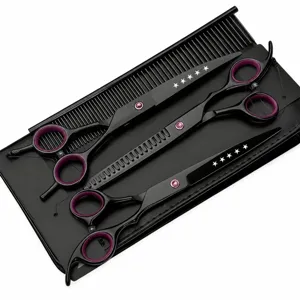 Professional pet grooming scissor set with straight and thinning shears, comb, and case for dogs.