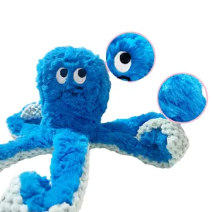Blue plush octopus pet toy, durable interactive dog chew toy with built-in squeaker.