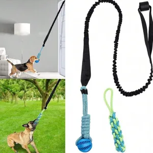 Interactive Dog Tug Toy Set With Bungee Cord Chew Resistant Cotton Rope Rubber Ball For Outdoor Indoor Training