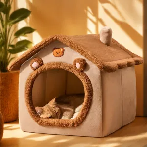 Warm Plush Pet Cat Bed House Semi Closed Cute Bear Design Soft Sleeping Nest Winter Warm Small Dog Puppy Cave Bed