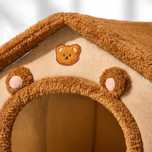 Warm plush pet house with cute bear ears design, cozy cat bed for small dogs and cats winter.