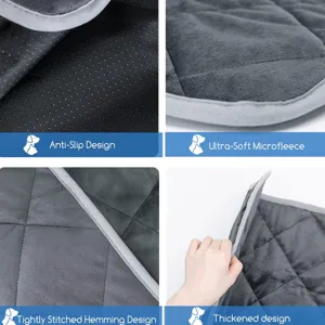 Pet blanket detail showing anti-slip microfleece fabric, tight stitching and thickened core.