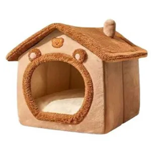 Cozy plush pet house for cats and small dogs, cute bear design with soft cushion, warm winter bed.