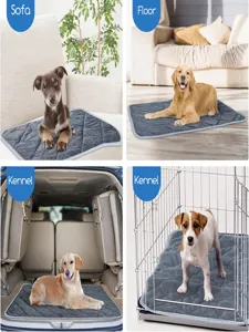 Grey quilted pet warming mat detail showing sofa, floor, car and kennel usage scenarios.