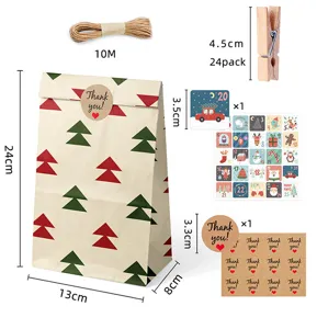 Komplettes Weihnachts-Kraftpapiertüten-Set mit Hanfseil, Holzklammern und Aufklebern