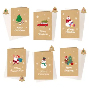 Lot de 6 cartes de vœux de Noël rétro en papier kraft avec enveloppes et autocollants