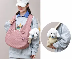 Pink quilted pet carrier backpack with cute bear ears, breathable mesh and large capacity for cats.