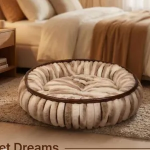 Cozy brown white striped round pet bed, soft plush cat and dog sofa for all seasons.