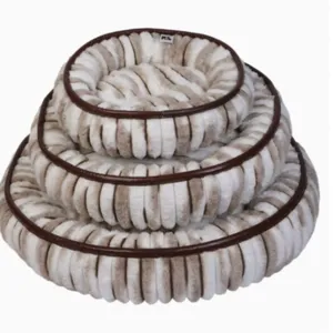 Cozy round striped pet bed set for cats and dogs, plush cushion with brown leather trim.