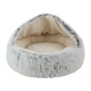 Semi-enclosed hooded cat bed, warm plush covered dog bed for winter small pets and cats.