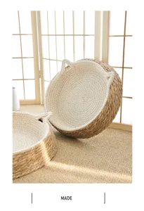 Woven cat bed cotton rope pet basket cute cat ears design natural straw material summer