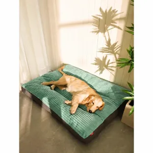Large striped pet bed for dogs, comfortable green corduroy mat suitable for large pets.