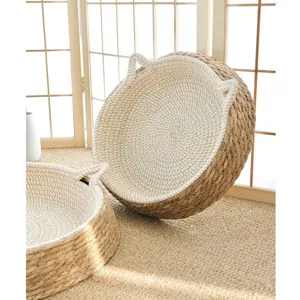 Woven pet bed round cat basket cotton rope cattail weaving breathable pet supplies comfy.