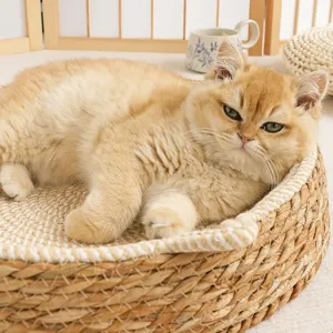 Woven cat bed natural cattail and cotton rope pet basket comfortable scratch resistant pet sleeping bed