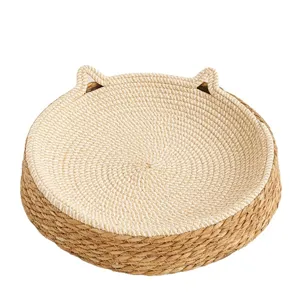 Woven cat bed basket with cute ears, durable cotton rope and straw pet nest for all seasons.