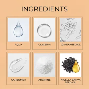 Detailgrafiek van HOYGI zwarte komijnolie gezichtsserum ingrediënten met actieve formule.