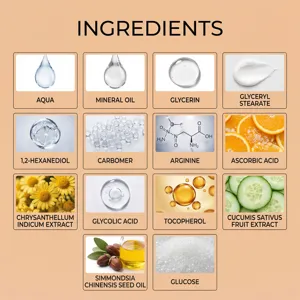 Facial exfoliating cream ingredient detail showing plant extracts and active moisturizing formulas.