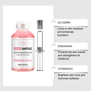 Vista di dettaglio della fiala di siero viso rosa con ingredienti e applicatore.
