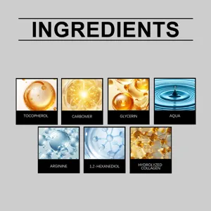 Grafica dettagliata degli ingredienti con componenti cosmetici attivi come glicerina.