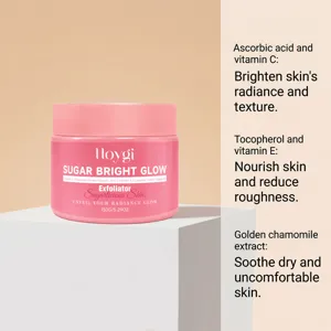 Detail shot of Hoygi exfoliating face cream jar featuring natural vitamin ingredients.