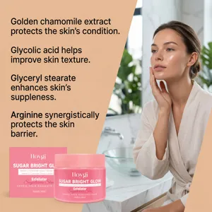 HOYGI facial exfoliating scrub jar with chamomile extract and glycolic acid for glowing skin.