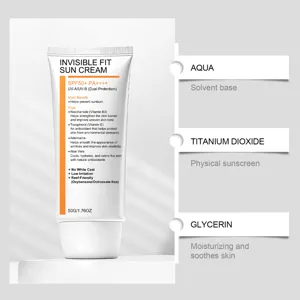 Vue détaillée de la crème solaire invisible SPF50+ PA++++ avec formule hydratante de 50G.