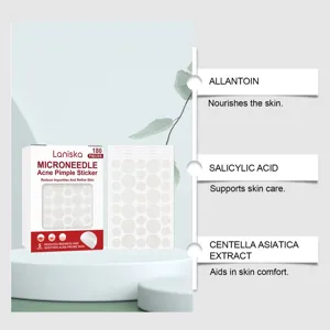 Detailansicht des Laniska Mikronadel Akne Pflasters mit wichtigen Hautpflegeinhaltsstoffen.