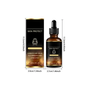 Vista dettagliata di flacone e scatola di siero viso con dimensioni, trattamento pelle 60ml.