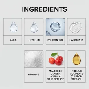 Dettaglio ingredienti del siero viso che mostra componenti attivi principali come acqua e glicerina.