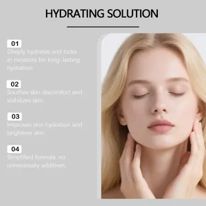 Hydrating facial skincare detail showing glowing blonde model and key moisture benefits.