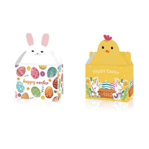 Detailed view of colorful Easter bunny and chick theme paper gift boxes for party candy
