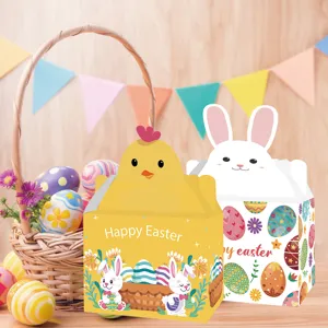 Detailed close-up of yellow chick and white bunny paper gift boxes for Easter