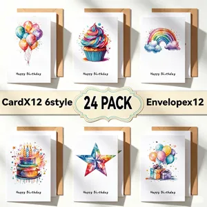 12PCS Watercolor Birthday Greeting Card Set Hand-painted Rainbow Cake Greeting Cards With 12 Envelopes For Kids Party