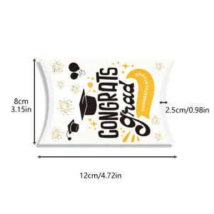 Macro view of graduation theme pillow candy box with dimensions 12x8x2.5cm and congrats print