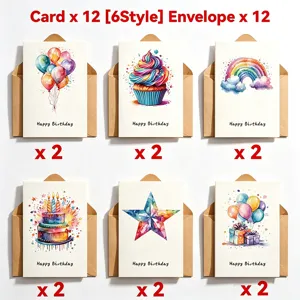 Watercolor birthday card set with 12 cards and envelopes in 6 assorted hand-painted styles
