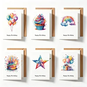 Watercolor birthday card set with hand-painted cake, rainbow and balloon designs