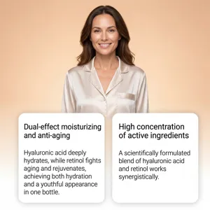 Vista dettagliata del siero viso idratante e anti-invecchiamento con ingredienti attivi efficaci.