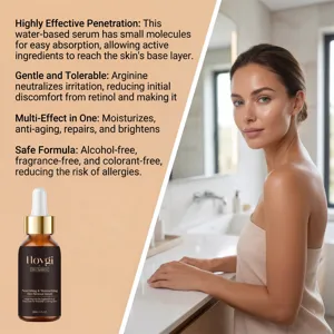 Vista dettagliata del siero viso Hoygi con ingredienti nutrienti e flacone da 30ml per cura.