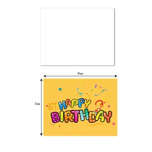 9cm x 7cm yellow Happy Birthday greeting card with festive and colorful lettering design
