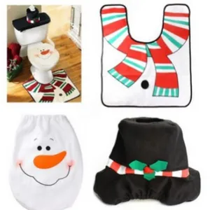 Christmas snowman toilet seat cover set with floor mat and tank lid topper