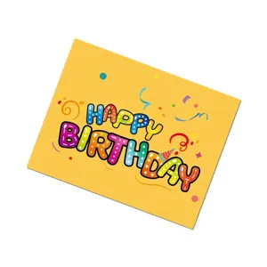Vibrant yellow birthday card featuring colorful Happy Birthday text and confetti