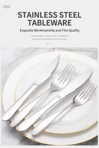 Vue détaillée d'un ensemble de couteaux et fourchettes en inox 304 sur une assiette