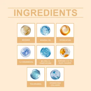 Infografía detallada de ingredientes para la mascarilla labial hidratante de colágeno.
